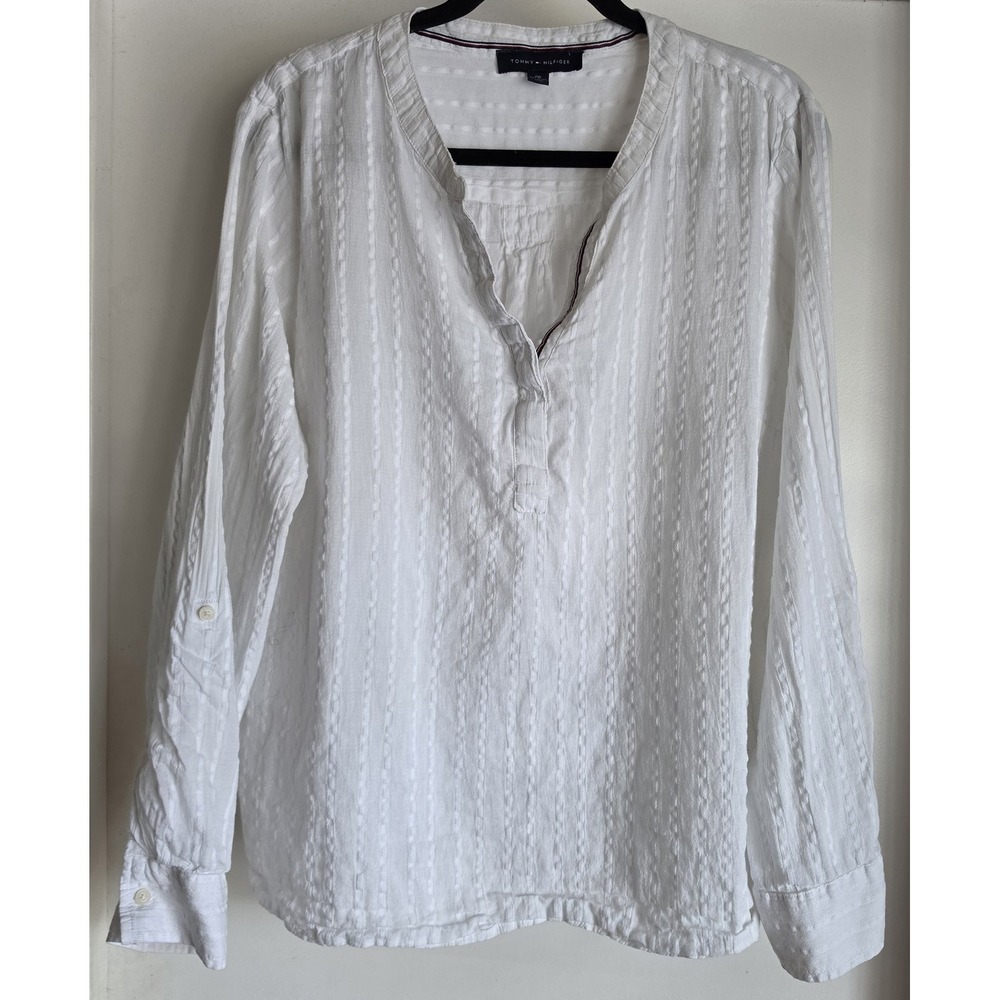 Tommy Hilfiger Blouse Women XXL White Striped Collared Long Sleeve Cotton Top
